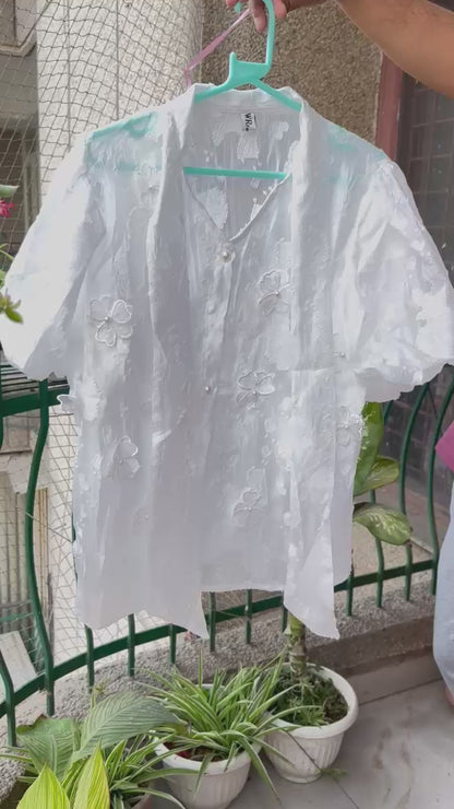 Bowtie Flower Pearl Embroidered Half Sleeve Puff Top with Inner