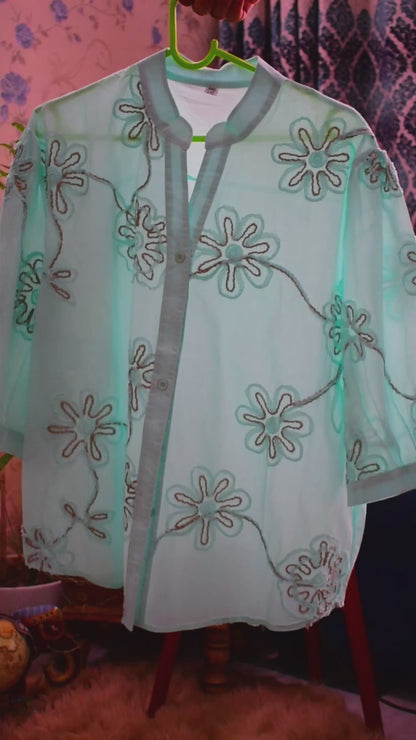 Thread embroidered Pure Cotton Chinese collar Shirt