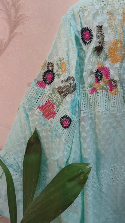 Sea Blue Threadwork stitch embroidery Long Shirt