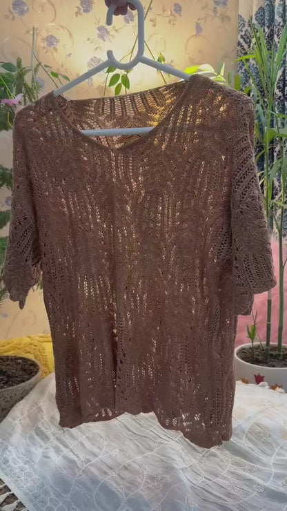 Brown Crochet Knit Half Sleeve Solid Top