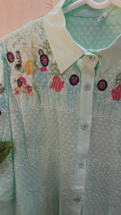 Sea Blue Threadwork stitch embroidery Long Shirt