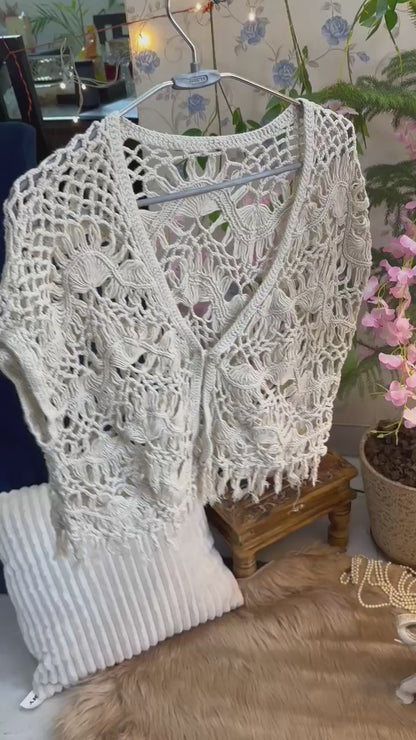 Off White Sleeveless Bohemian Ruffled Crochet Jacket