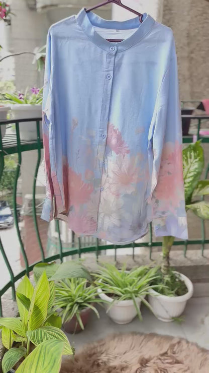 Flower Printed Chinese Collar Shirt