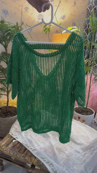 Green Crochet Knit Long Stripe Designer Back Top