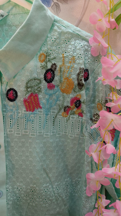 Sea Blue Threadwork stitch embroidery Long Shirt